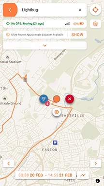 App screenshot showing Live GPS Tracking in the Lightbug App